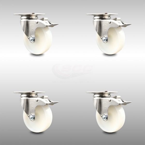 4 Inch 316SS Nylon Wheel Swivel Top Plate Caster Set Total Lock Brake SCC